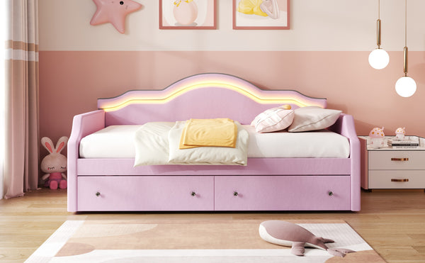 English Elm Twin Upholstered Daybed with Built-In LED & 2 Drawers, Velvet Platform Bed with Solid Wood Frame, Modern Curved Backrest, Twin Size, No Box Spring Needed Pink N7500001851H