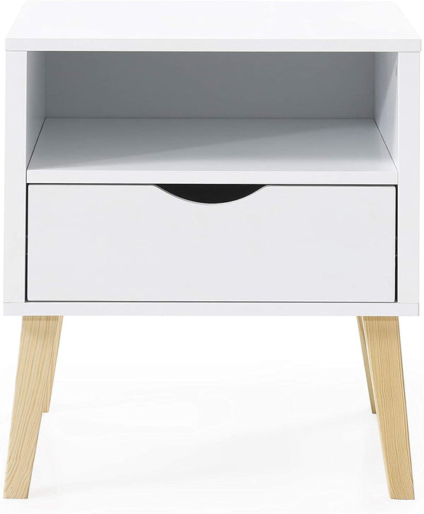 English Elm Mid-Century Jeff Night Stand with Drawer & Cubby — Compact Wood End Table for Small Spaces, Modern Appeal White B347P339522