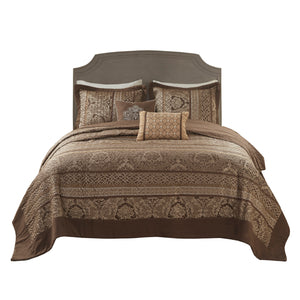 English Elm 5 Madison Park Bellagio Reversible Jacquard Bedspread Set Queen with Gold Accents, Quilted Luxury Bedding Brown+Gold 23.23 L x 17.72 W x 9.84 H B03597514