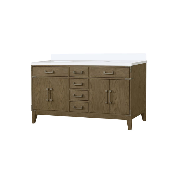 English Elm Grey Oak Double Bath Vanity With White Quartz Top – Stylish 60” W X 22” D, Ample Storage & Soft-Close B2731P259855