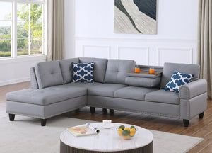 English Elm Irine Faux Leather Sectional Sofa with Ottoman, Storage Ottoman, Nailhead Trim, Cup Holders, Classic Comfort Gray B102S00069