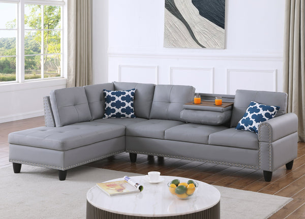 English Elm Irine Faux Leather Sectional Sofa with Ottoman, Storage Ottoman, Nailhead Trim, Cup Holders, Classic Comfort Gray B102S00069