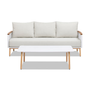 English Elm Jennifer Taylor Home - Calarono Teak & Aluminum 2pc Outdoor Sofa + Coffee Table Set in Sand Dune Chenille — Durable, UV‑Resistant Comfort and Modern Slatted Design B2719P320845
