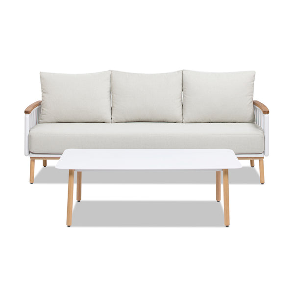 English Elm Jennifer Taylor Home - Calarono Teak & Aluminum 2pc Outdoor Sofa + Coffee Table Set in Sand Dune Chenille — Durable, UV‑Resistant Comfort and Modern Slatted Design B2719P320845