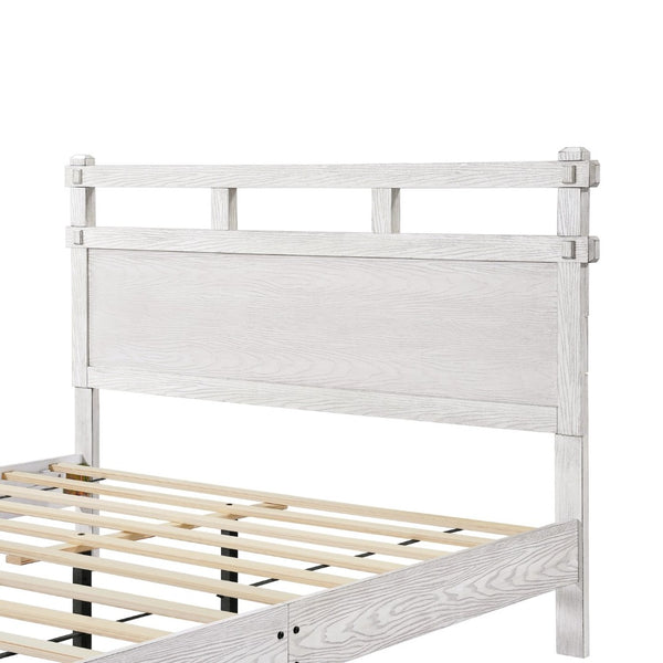 English Elm Queen Farmhouse Platform Bed Antique White Wood Grain Two-tiered Headboard Solid Frame N758P369329W
