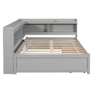 English Elm Full Size L-Shaped Bed With Bookcases, Usb Ports & Drawers - Space-Saving Grey Bedroom Solution W504S00245