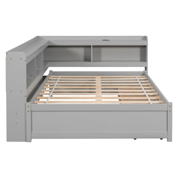 English Elm Full Size L-Shaped Bed With Bookcases, Usb Ports & Drawers - Space-Saving Grey Bedroom Solution W504S00245