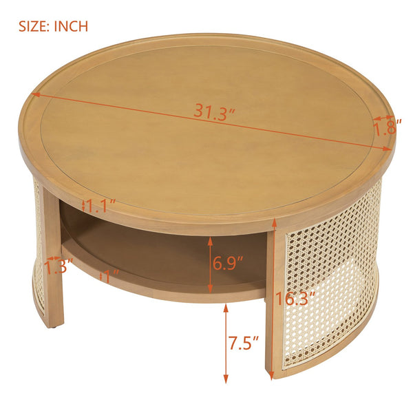 English Elm 2-Tiered Round Natural Wood Coffee Table with Rattan Storage Shelf, Thick Top, Curved Edge Design 31.3" N735P185131N
