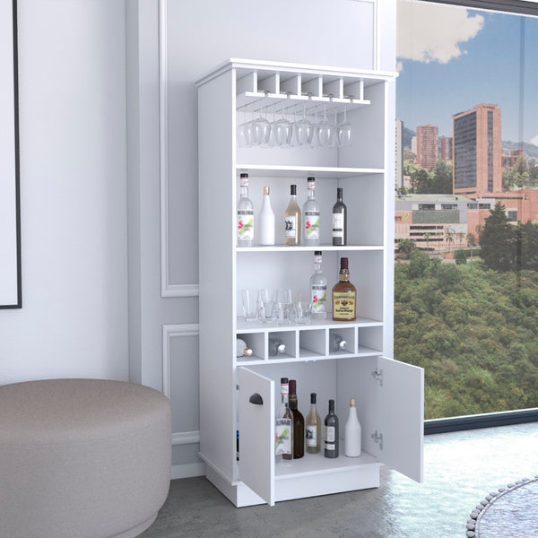 English Elm Dundee Tall White Bar Cabinet with Glass Panel Doors Open Cubbies and Display Shelves B200S00385