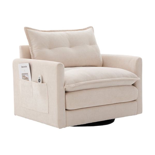 English Elm UNITED Swivel Barrel Chair with Chenille Upholstery, 360° Smooth Rotation, Padded Arm Comfort and Side Pockets for Living Room Relaxation Beige W1568P290083