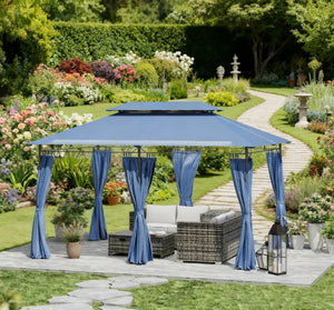 English Elm Outdoor Large Patio Gazebo Steel Frame Double Tier Canopy with Curtains for Backyard Dark Blue T3971P426865