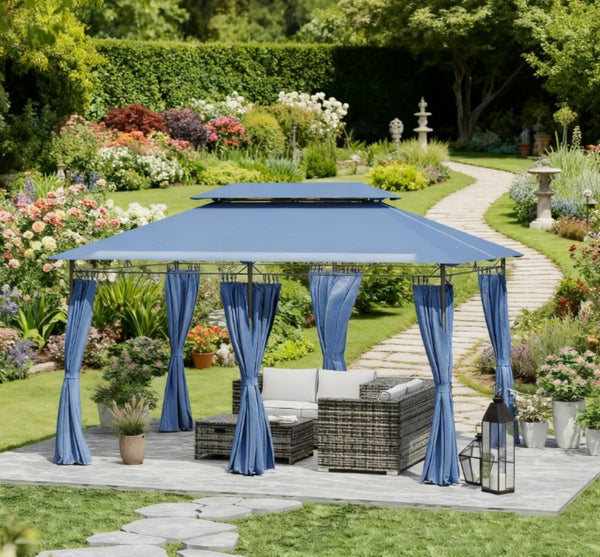 English Elm Outdoor Large Patio Gazebo Steel Frame Double Tier Canopy with Curtains for Backyard Dark Blue T3971P426865