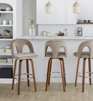 English Elm Fixed-height Swivel Barstools Walnut Legs Taupe Velvet Seat Chrome Footrest Set B202S01889