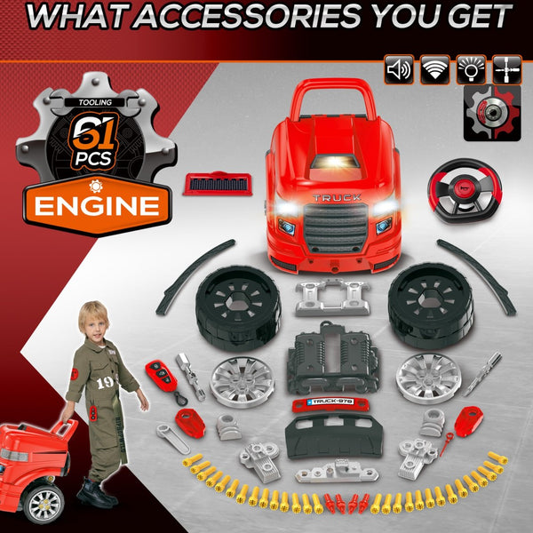 English Elm Qaba Kids Mechanic Workshop Truck Toy with Sounds Lights and 61 Piece Engine Set W2225P200404