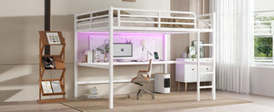 English Elm Metal Queen Loft Bed With Integrated Desk, Led Lights, Power Outlet – Stylish Space-Saver Solution W1580S00139