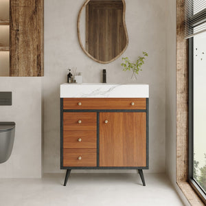 English Elm 29.9" Floating Bathroom Vanity Sintered Stone Top Soft Close Drawers Bronze Gold Hardware Black,Brown,Gold,White W3136S00046