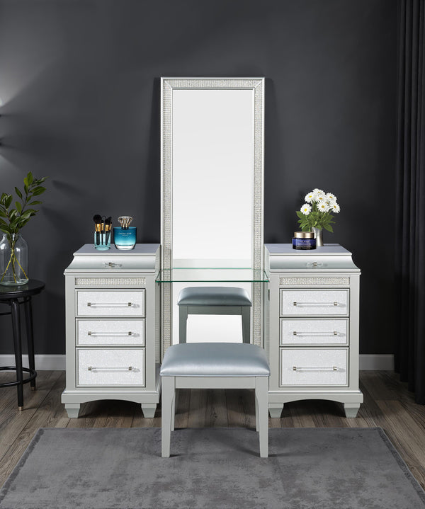 English Elm Glam Elegant Vanity Set with LED Mirror, Plush Stool, Ample Storage, Felt-Lined Drawers, Chic Finish Gray 24 L x 40 W x 36 H B2741S00671