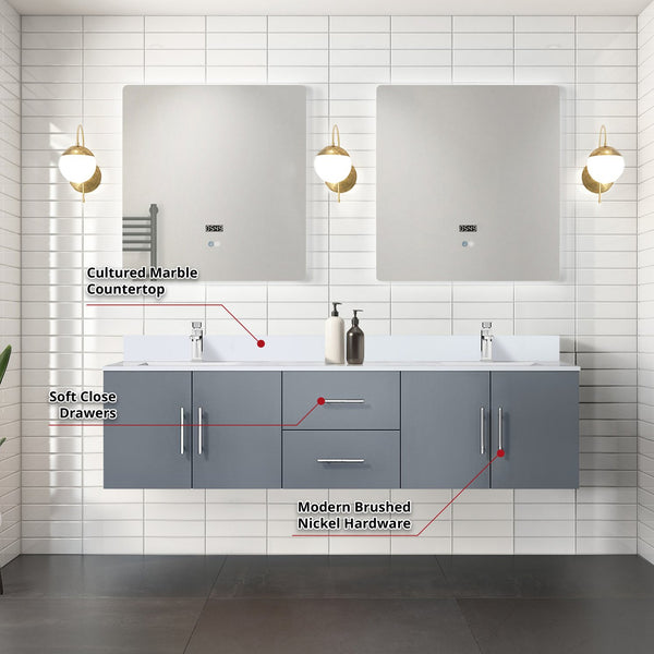 English Elm Dark Grey 72" Double Bath Vanity with Cultured Marble Top, Chrome Faucet, 30" LED Mirrors, Durable Finish B2731S01093