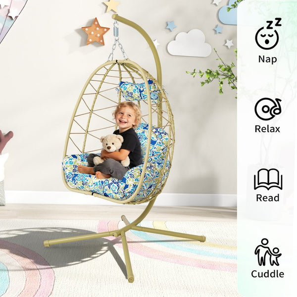 English Elm Hanging Egg Swing Chair Pe Wicker with Stand Washable Cushion Patio Bedroom T5880P497575