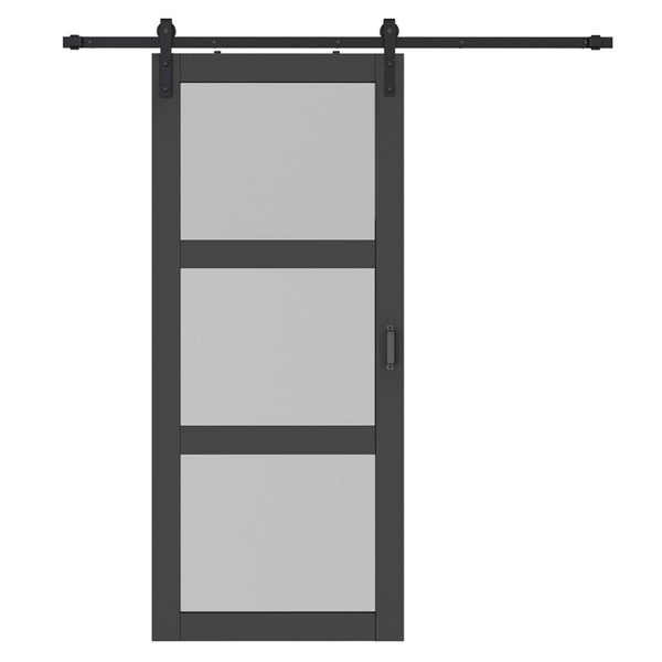 English Elm 30 in Matte Black Steel Sliding Barn Door Frosted Glass Privacy Panel with Hardware B2763P483229