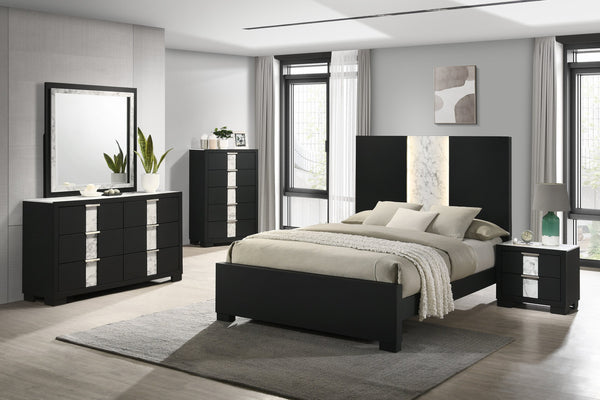 English Elm Contemporary Queen Panel Bed with LED Lighted Headboard, Distressed Textured Wood Finish, Stylish Durable Craftsmanship Black,White 81.6 L x 49 W x 7 H B011S01502