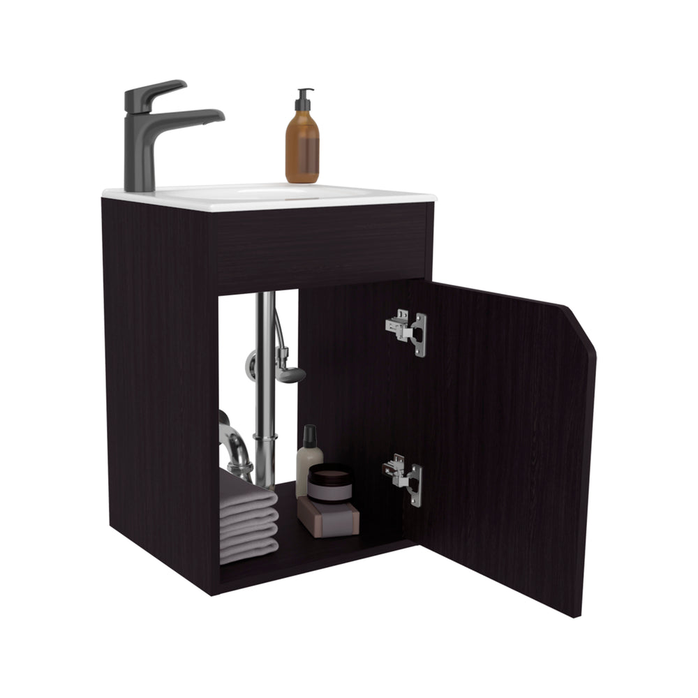 English Elm Bethel 40" Floating Wide One-Door Vanity with Resin Sink, Two Shelves, Kronos Wengue Black Finish B070P337052