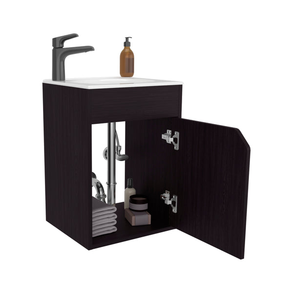 English Elm Bethel 40" Floating Wide One-Door Vanity with Resin Sink, Two Shelves, Kronos Wengue Black Finish B070P337052