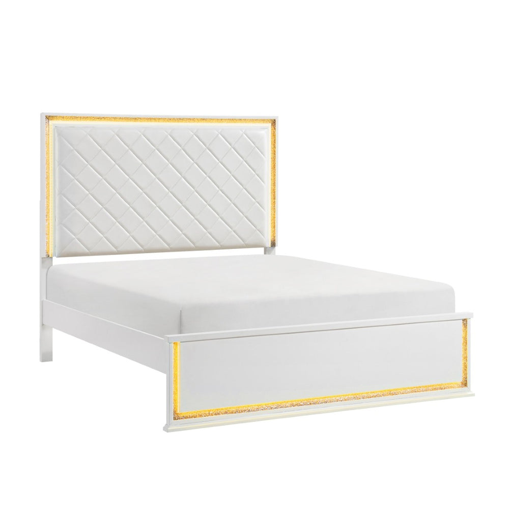 English Elm Contemporary Glam California King Bed Faux Leather Diamond Stitch Led Lighting B011S02298