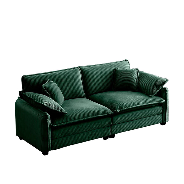 English Elm Warm Retro-Inspired 2-Seater Sofa In Green Corduroy With 4 Pillows For Cozy Living Spaces W714S00728-GIGA