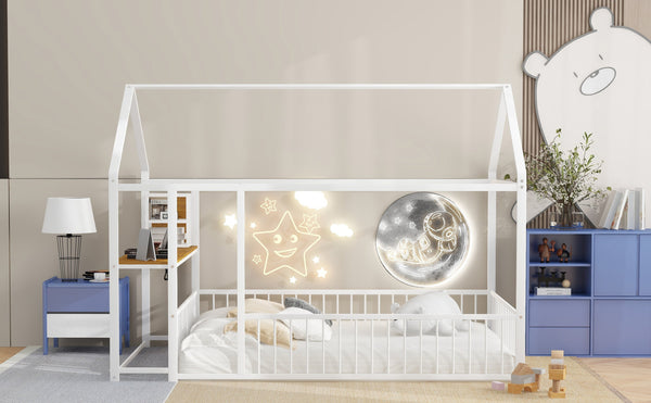 English Elm Full Size Metal House Bed Frame with Desk, Shelves, USB Power Ports & Playful Roof for Kids Room Delight White N737P173491K