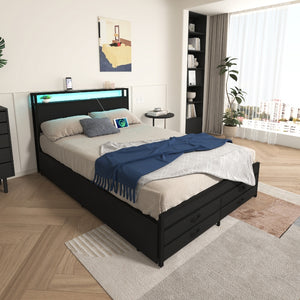 English Elm Queen Storage Bed Frame with 8 Drawers, LED Headboard, USB Charging, Metal Platform, Noise-Free Design W2129P369350