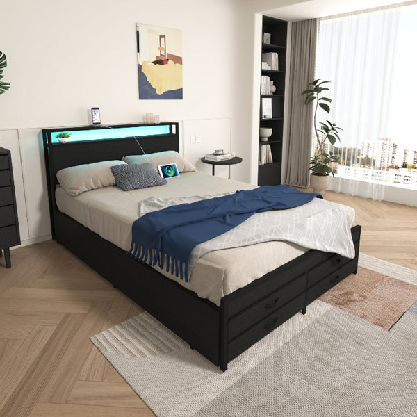 English Elm Queen Storage Bed Frame with 8 Drawers, LED Headboard, USB Charging, Metal Platform, Noise-Free Design W2129P369350