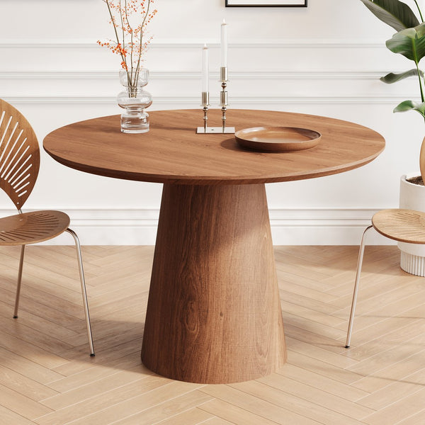 English Elm 43 inch circular dining table with minimalist MDF grain finish, sturdy Nordic base, quick 10–15min assembly, elegant family centerpiece Walnut W1727S00020