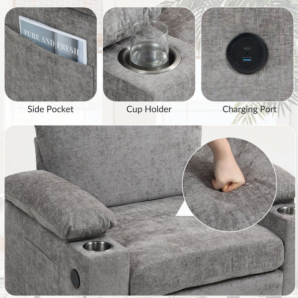 English Elm Modern Oversized Chenille Chair with Ottoman, Sofa Bed Recliner, USB Ports, Cupholders & Storage W2606P255578
