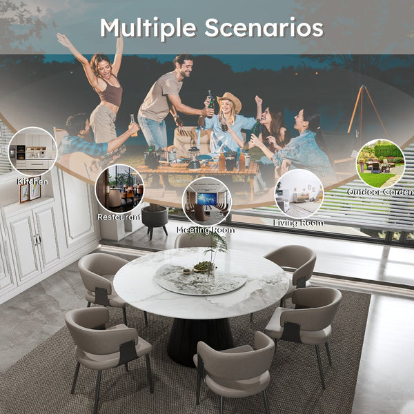 English Elm 59" Round 7-Piece Dining Set - Modern Faux Marble Table With Lazy Susan & 6 Pu Leather Chairs For Home W2700S00038