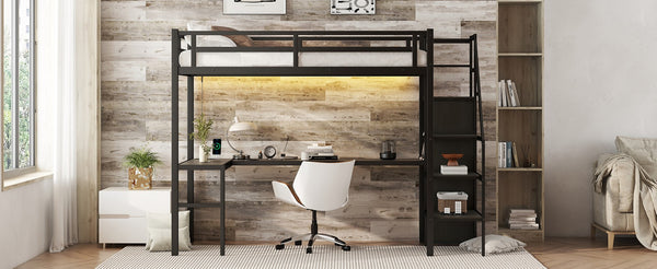 English Elm Twin Xl Metal Loft Bed With L-Shaped Desk & Usb Ports – Stylish Space-Saver For Teens & Adults! W1580S00041-GIGA