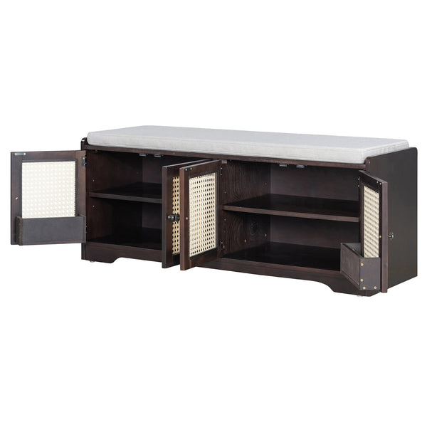 English Elm TREXM Rustic Storage Bench with Woven Rattan Doors, Removable Cushion & Adjustable Shelves for Entryway Home Organizing Beige,Espresso N715P308013P