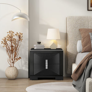 English Elm Mid-century Modern Nightstand with Diamond Geometric Drawers and Heavy Duty Wood Base Black N761P324094B