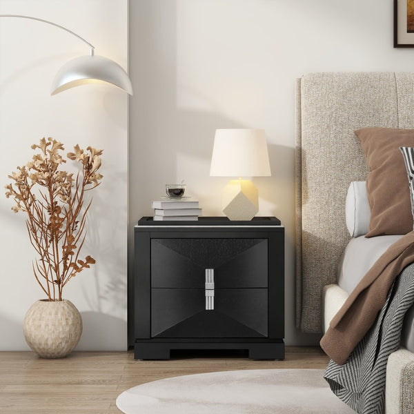 English Elm Mid-century Modern Nightstand with Diamond Geometric Drawers and Heavy Duty Wood Base Black N761P324094B