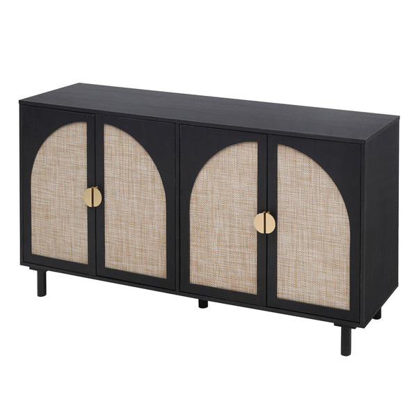 English Elm 4 Engineered Rattan 4-Door Storage Cabinet with Pine Feet, Moisture-Proof Durable Finish, Sleek Handles Black W688134376
