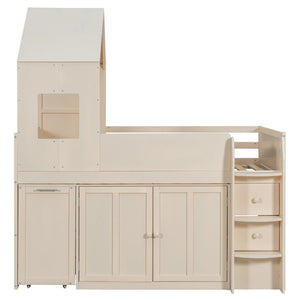 English Elm Twin House Loft Bed with Pull Out Rolling Desk Stair Drawers and Cabinet Storage Beige N820S00072A