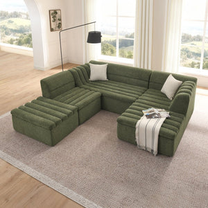 English Elm 135" U-shaped Chenille Sectional with Movable Ottoman Four Piece Modular Living Room Sofa Green W1413S00127