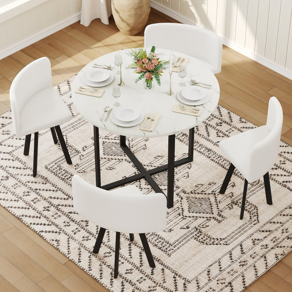 English Elm 5 Piece Round Faux Marble Dining Set with Pu Leather Chairs for Small Apartments White W3875S00087