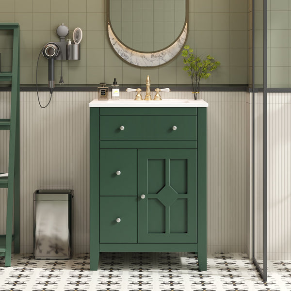 English Elm 24" Modern Bathroom Vanity with Ceramic Basin, French Country Cross-Grid Design & Soft-Close Drawers Green N710P280655F