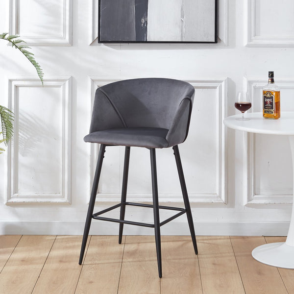 English Elm Counter Height Bar Stool Velvet Upholstered Set of 2 with Ergonomic Curved Back & Black Metal Legs DARK GREY B205P241939
