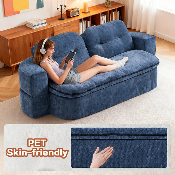 English Elm Modern Curved Floor Sofa Bed with 2 Pillows, No Assembly, High-Density Foam, Foldable Quilt Storage Dark Blue W3565P371223