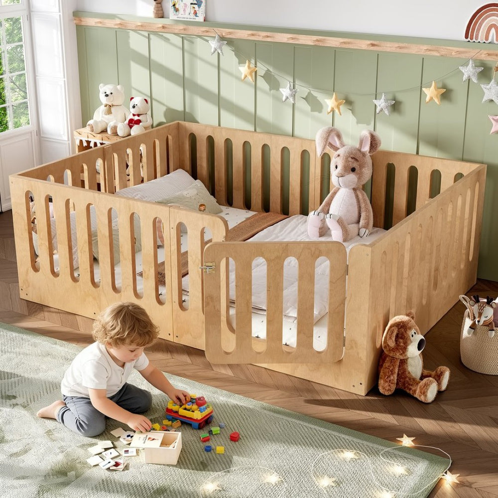 English Elm Queen Solid Pine Montessori Floor Bed for Kids with House Frame and Built-in Door Natural W5305P420640
