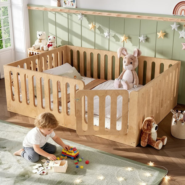 English Elm Queen Solid Pine Montessori Floor Bed for Kids with House Frame and Built-in Door Natural W5305P420640