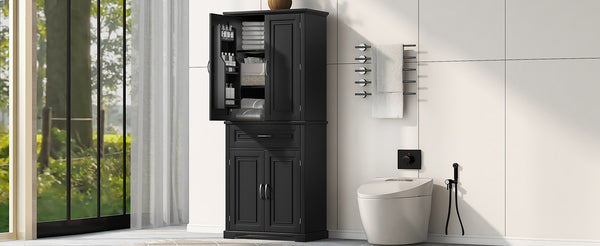 English Elm Bathroom Tall Storage Cabinet with Doors and Drawer, Adjustable Shelf, Anti-Tip Safety, MDF Finish Black N725P210330B
