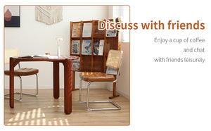 English Elm Dining Mid-Century Cantilever Chairs Set of 2 with Chrome Frame, Rattan Back and Faux Leather Seat Brown W2105P230515